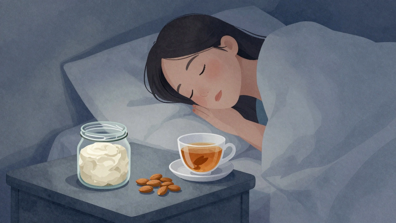 Person im Bett mit quark, Mandeln und Kräutertee auf dem Nachttisch.