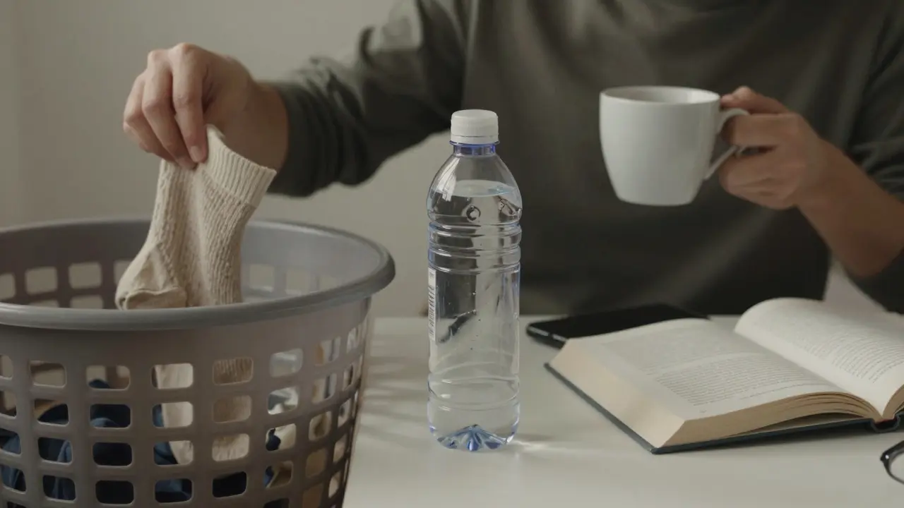 Person legt Socke in Wäsche, Wasserflasche auf Schreibtisch, Handy umgedreht.