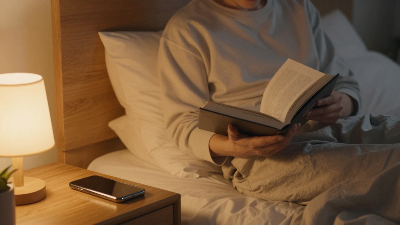 Person liest ein Buch bei gedämpftem Licht, Handy abgelegt und ruhig.