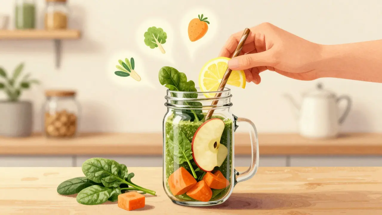 Person mixt einen grünen Smoothie mit Spinat, Möhren und Zitrone in einem Glas, sanfte Wasserfarb-Ästhetik.