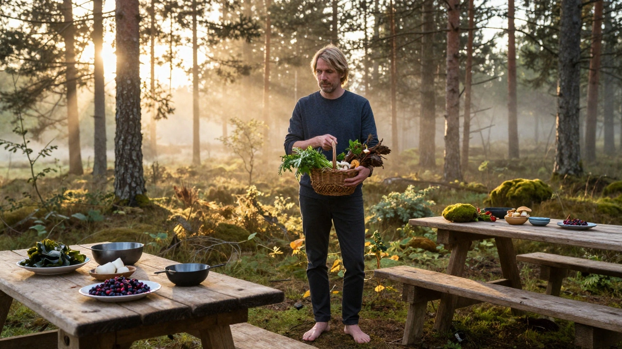 René Redzepi sammelt wilde Zutaten im dänischen Wald bei morgendlichem Licht.