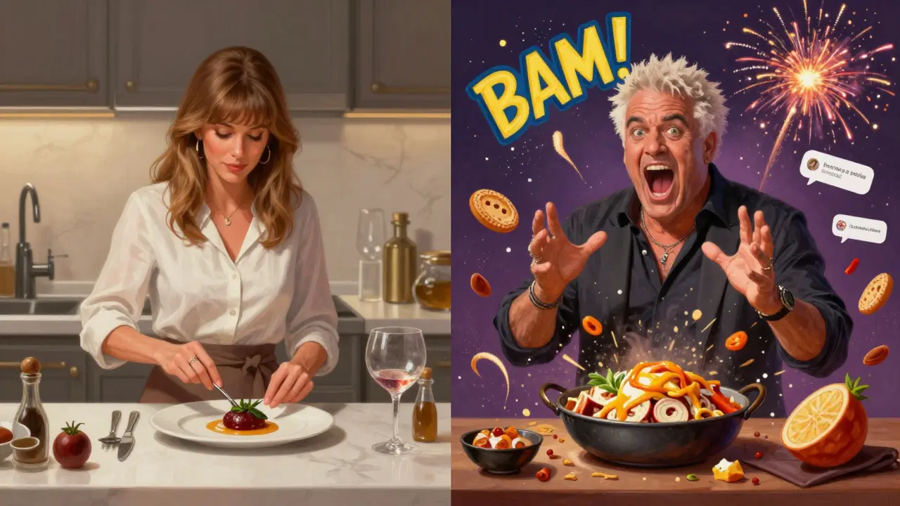 Split-screen contrast: calm cooking by Ina Garten vs. energetic chaos of Guy Fieri with social media streams.