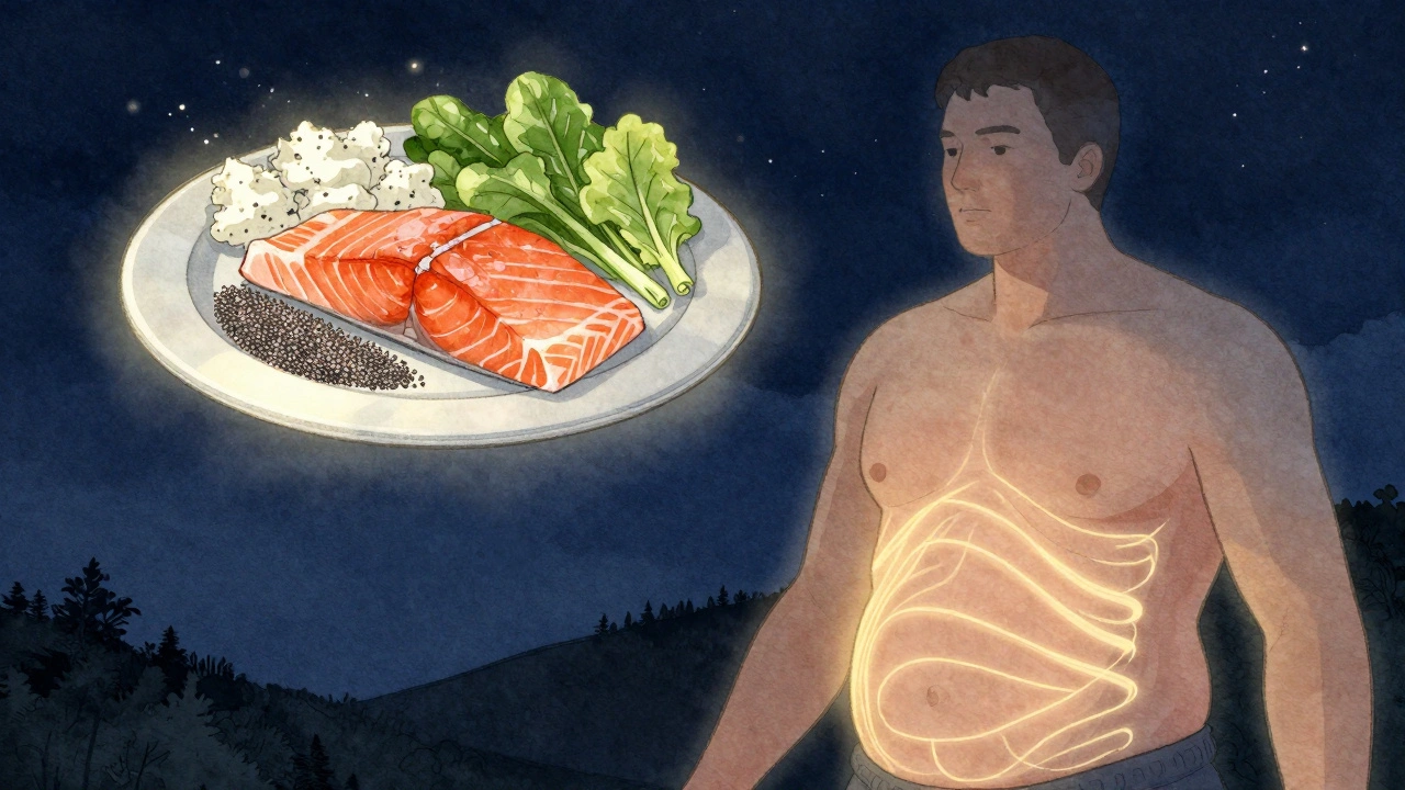 Stilisierte Darstellung eines menschlichen Körpers bei Nacht, der Fett verbrennt, umgeben von gesunden Lebensmitteln.