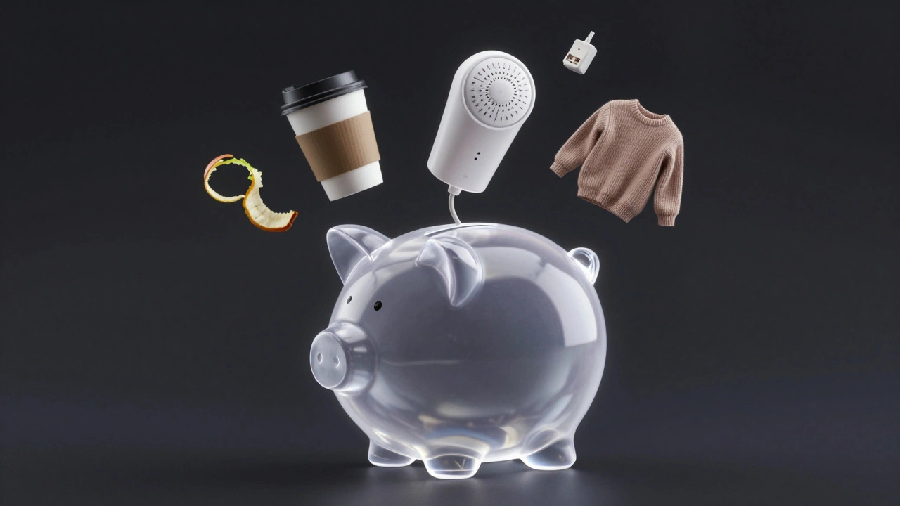 Transparente Spardose mit Symbolen täglicher Spargewohnheiten, die sich summieren.