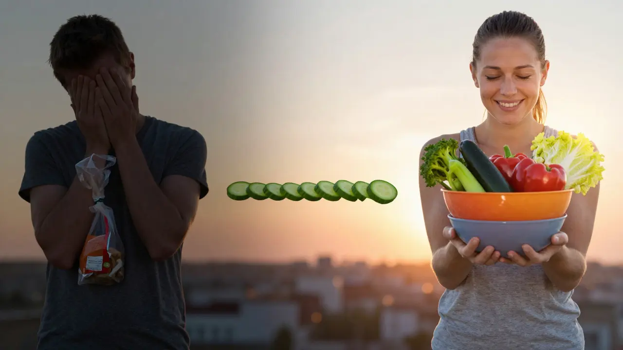 Vorher-Nachher-Bild: Erschöpft vs. energiegeladen, verbunden durch einen Pfad aus Gemüsescheiben.