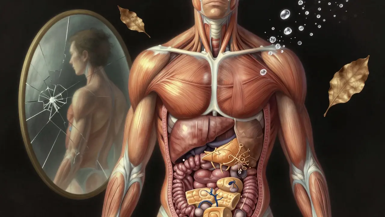 X-ray-stil gezeichnete Körperansicht mit erschöpften Muskeln und abgebauten Energiespeichern.