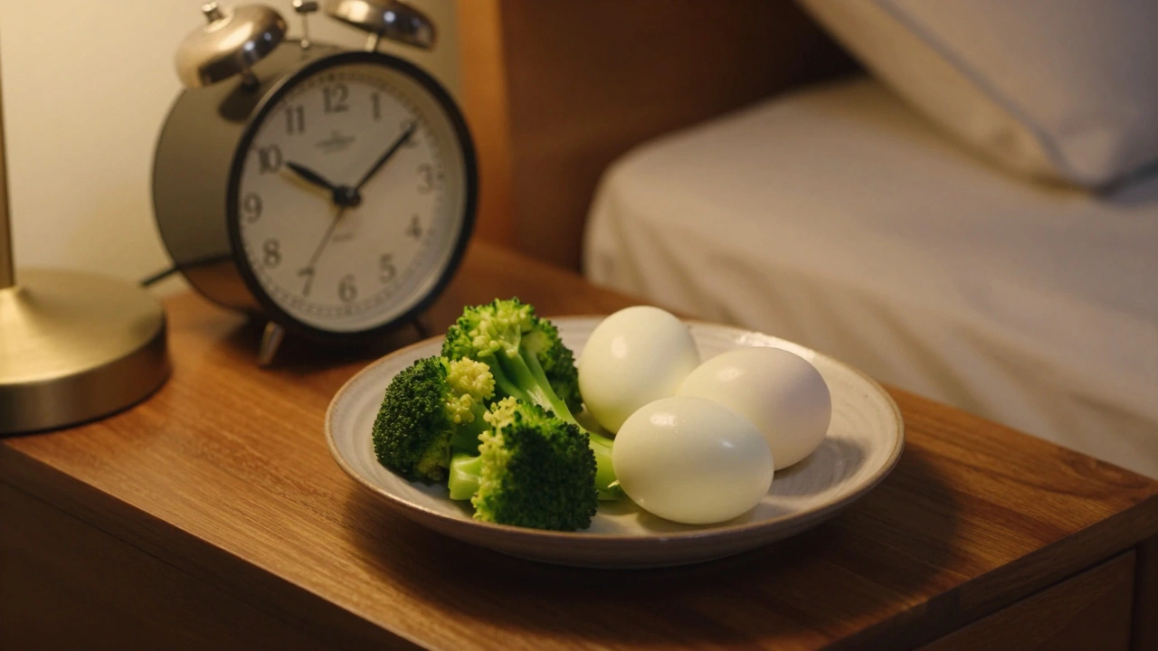 Zwei gekochte Eier mit gedünstetem Gemüse auf einem Teller neben einer Uhr.