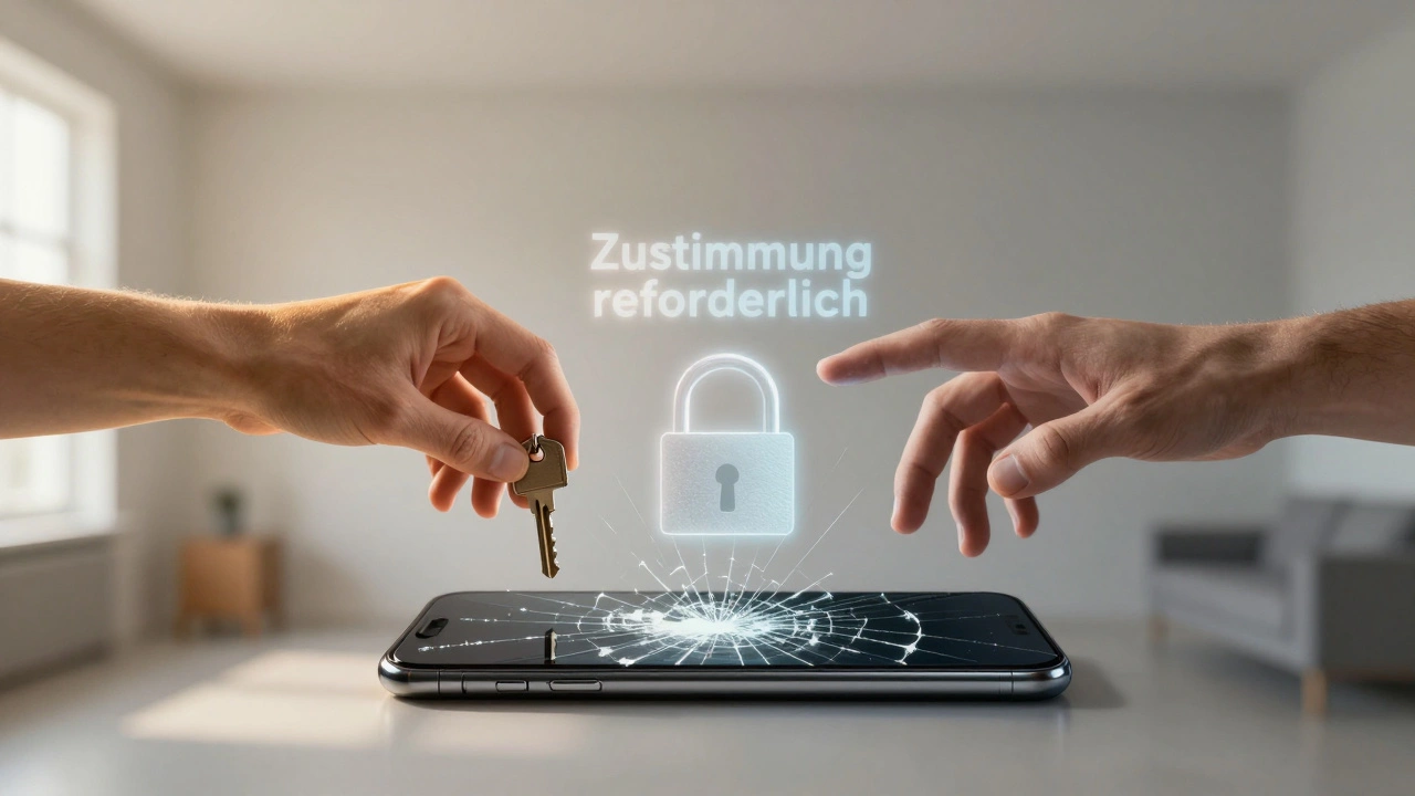 Zwei Hände erreichen sich über ein gebrochenes Smartphone, eine mit Schlüssel, die andere mit Schloss.