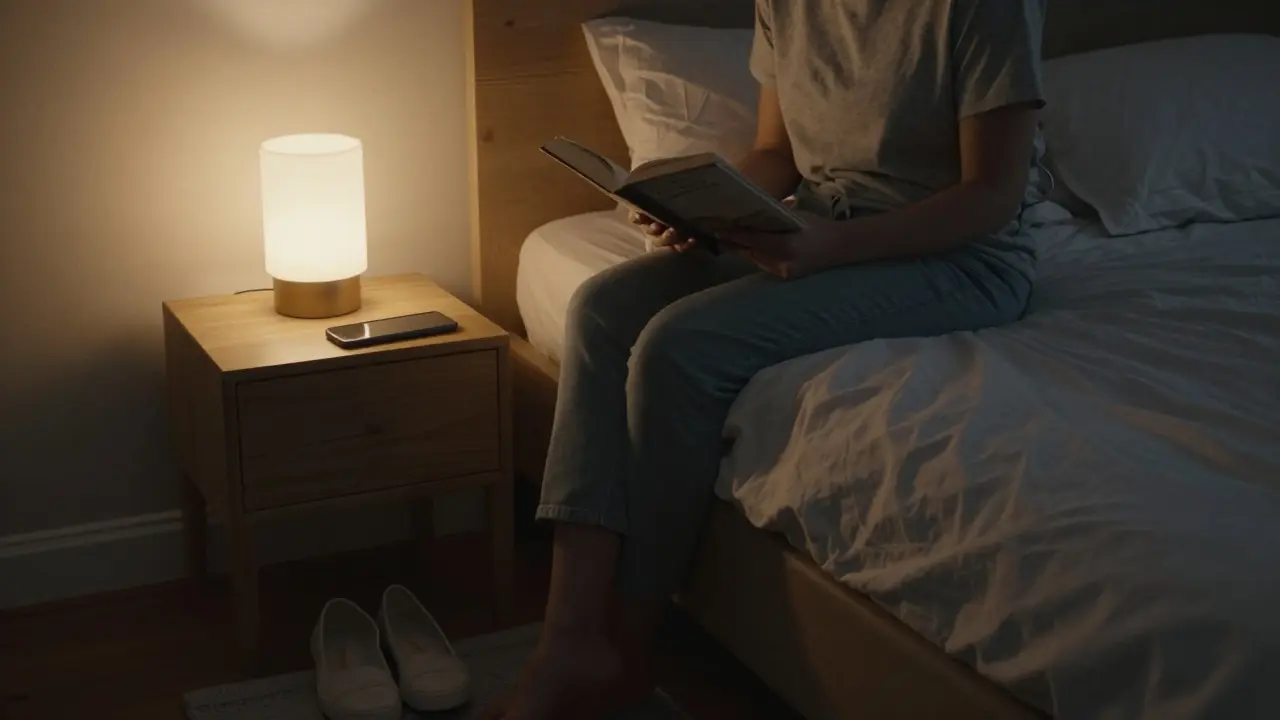Abendroutine: Person liest ein Buch im Bett, Handy liegt ausgeschaltet auf dem Nachttisch, Schuhe stehen ordentlich bereit.