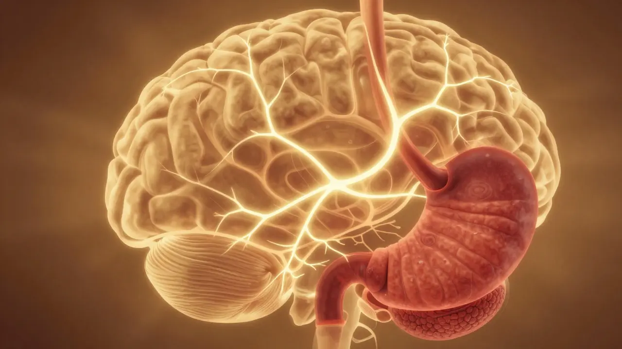 Abstrakte Darstellung eines Gehirns mit leuchtenden Signalwegen zu Magen und Fettgewebe, symbolisierend hormonelle Sättigung.