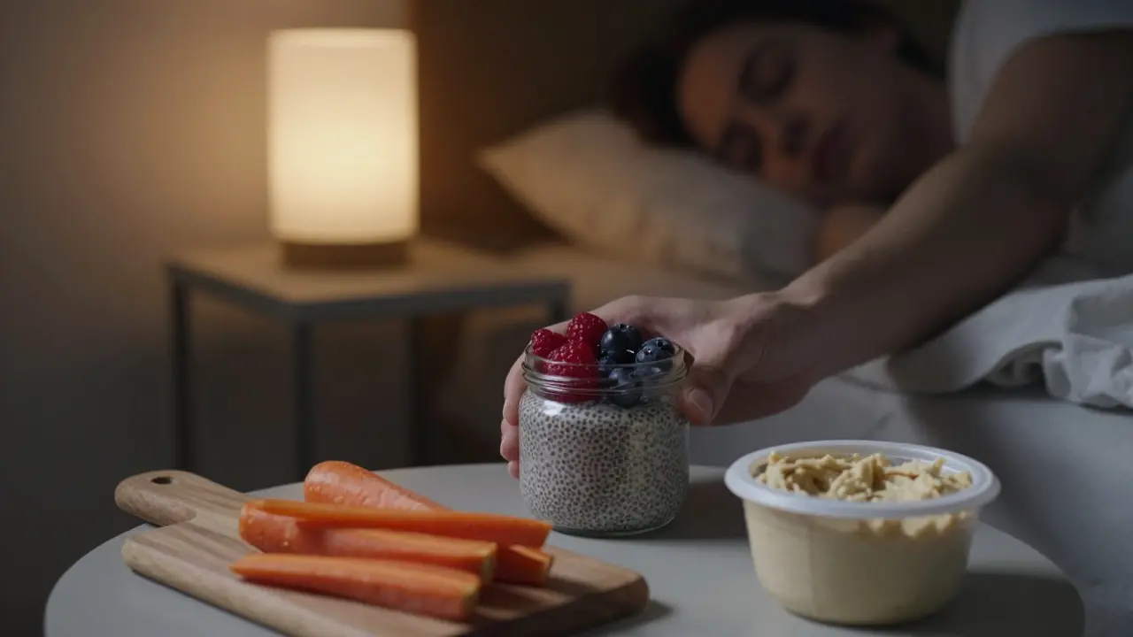 Chia-Pudding auf Nachttisch neben einem schlafenden Menschen.