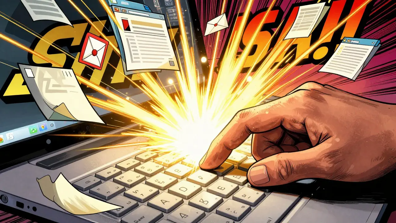 Comic-stil: Hand drückt Cmd+A, löst eine Welle aus, die alle Dateien und Fenster auswählt.