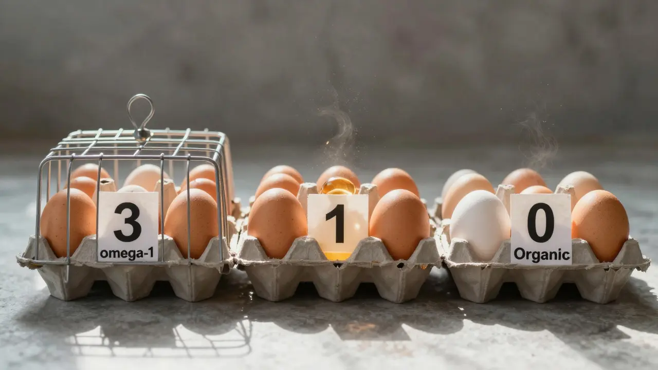 Drei Eierkartons mit Kennzeichnungen 3, 1 und 0 liegen nebeneinander, mit sichtbaren Nährstoffpartikeln, die aus den Eiern aufsteigen.