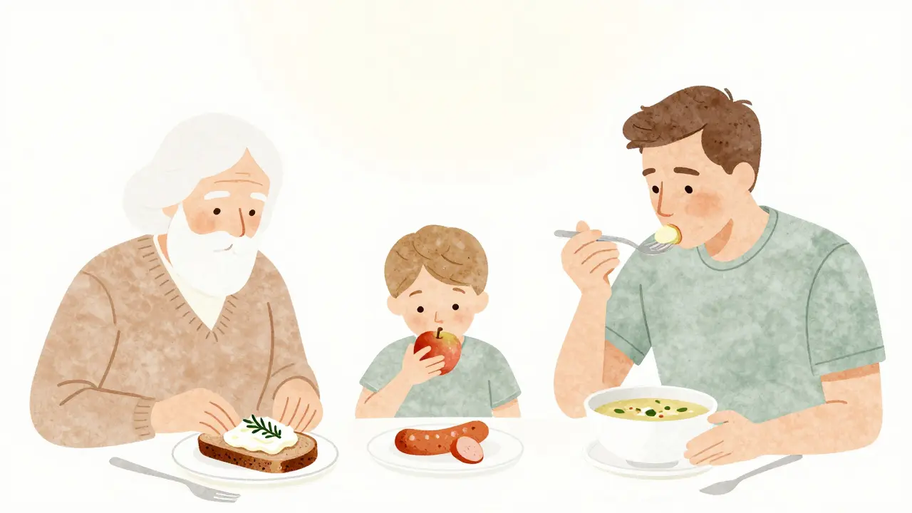 Drei Generationen beim Abendbrot: Tradition, Moderne und Kindheit in einer sanften, zusammenhängenden Szene.