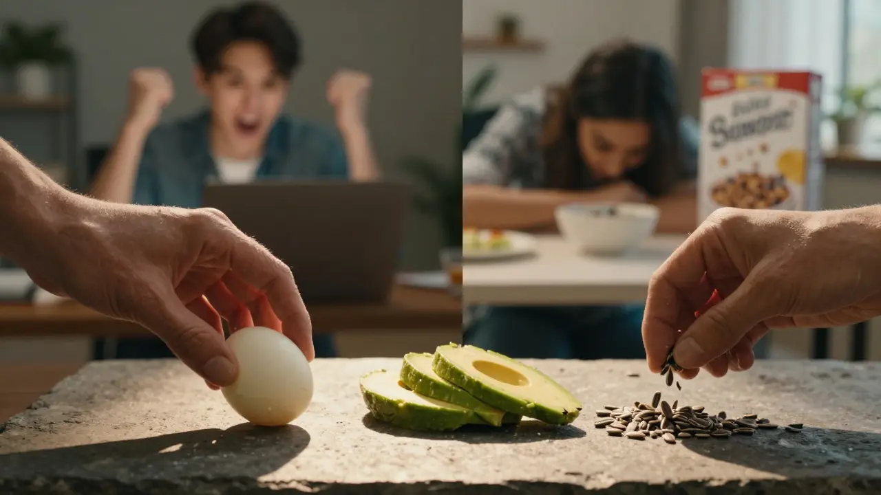 Drei Hände legen gesunde Zutaten wie Ei, Avocado und Sonnenblumenkerne auf Stein.