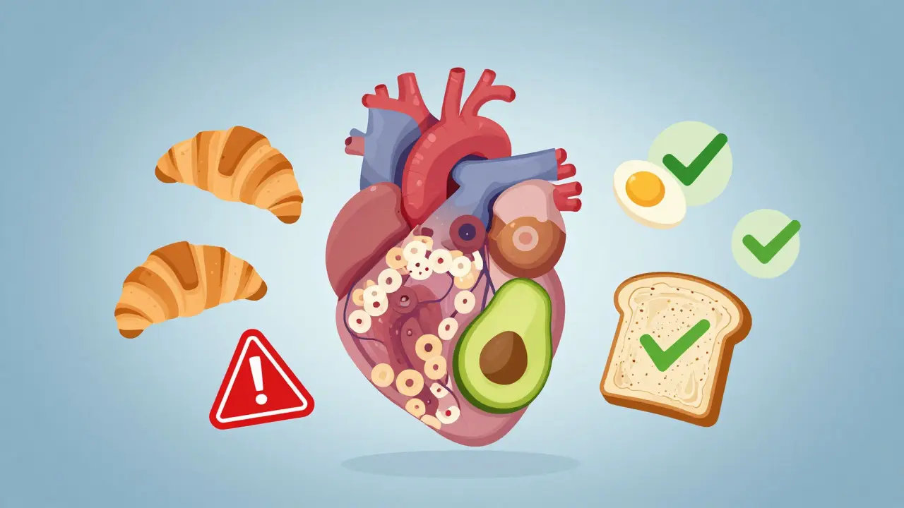 Ein Herz wird von ungesunden Lebensmitteln auf einer Seite und Eiern mit Avocado auf der anderen Seite umgeben.