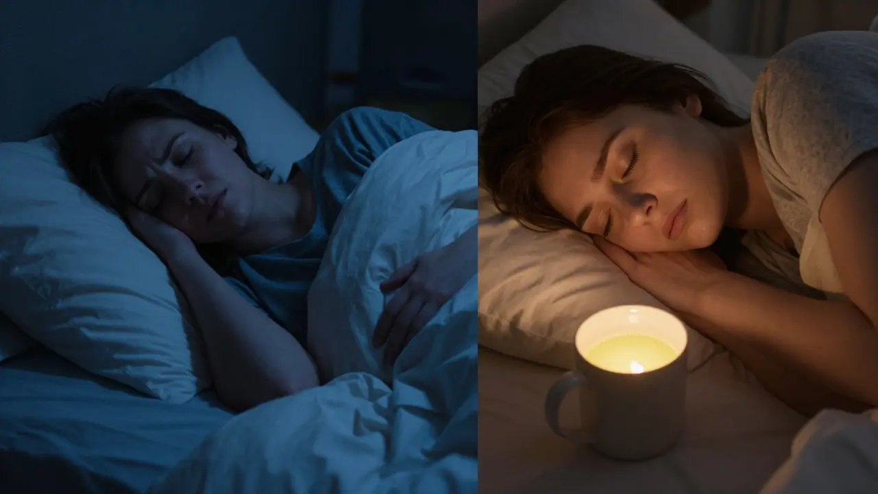 Ein Mensch liegt nachts wach, während auf der anderen Seite derselbe Mensch tief schläft mit einer Tasse warme Milch.
