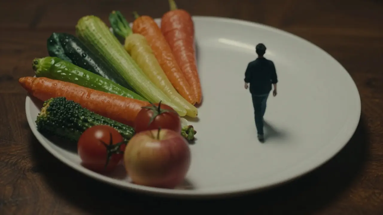 Ein Teller mit buntem Gemüse und Obst gegenüber einem leeren Teller – Symbol für gesunde Ernährungswahl.