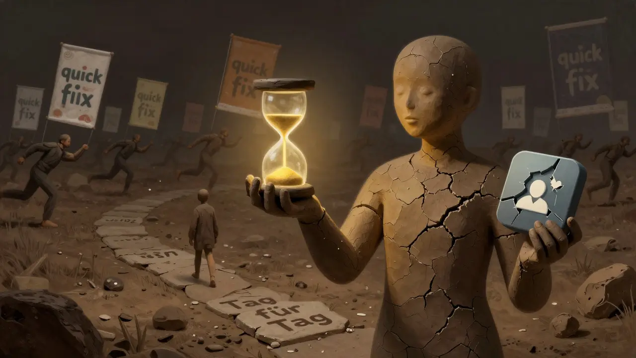 Eine aus Ton bestehende Figur hält eine 5-Minuten-Stunde-Glas und bricht ein App-Icon, während andere hinter ihr schnelle Lösungen jagen.