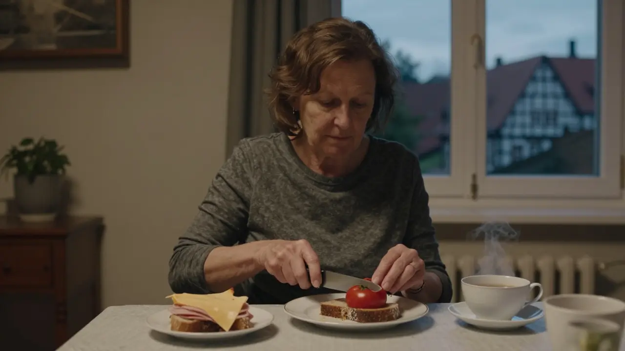Eine Frau schneidet eine Tomate über Brot, ein Teeglas dampft neben ihr in ruhigem Abendlicht.
