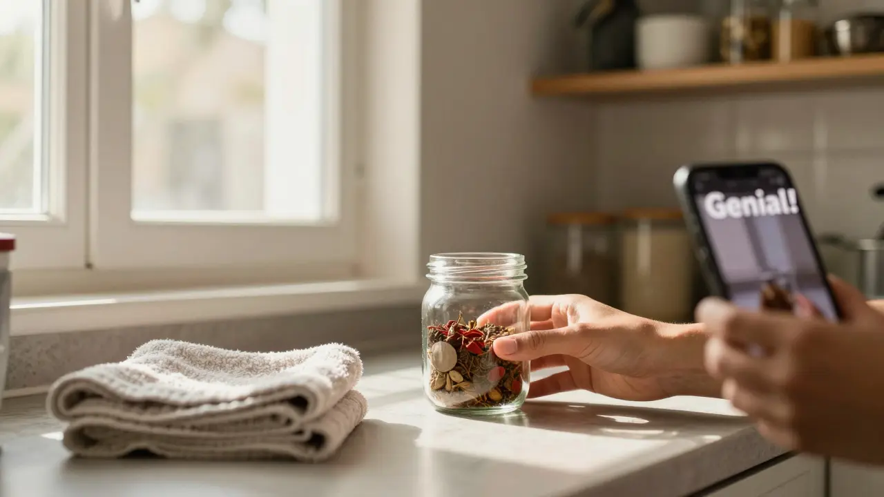 Eine Glasdose mit Gewürzen und ein Handtuch als Duschvorhang auf einer Küchenanrichte.
