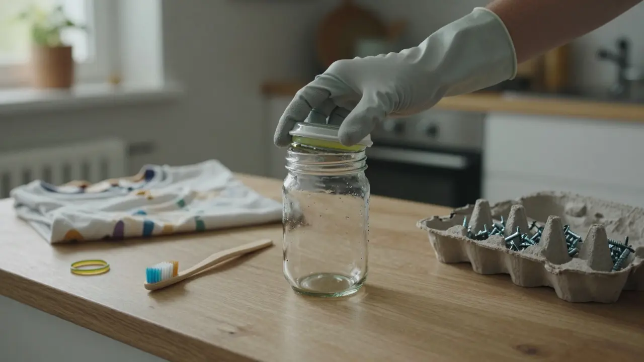Eine Hand mit Gummihandschuh öffnet ein verschlossenes Glas, neben ihm liegen Alltagsgegenstände.
