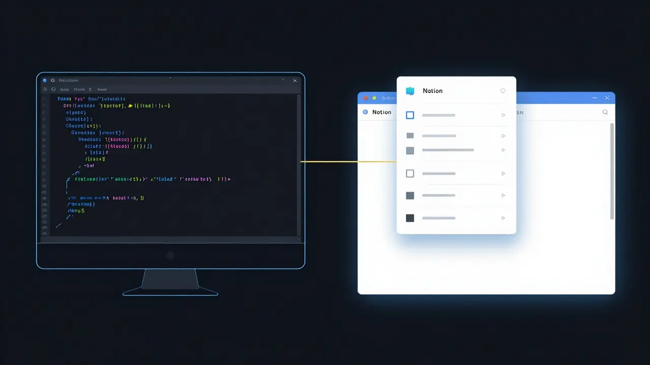 Entwickler in VS Code löscht eine Code-Zeile mit Ctrl+K, während in Notion ein Menü mit Blocktypen erscheint.