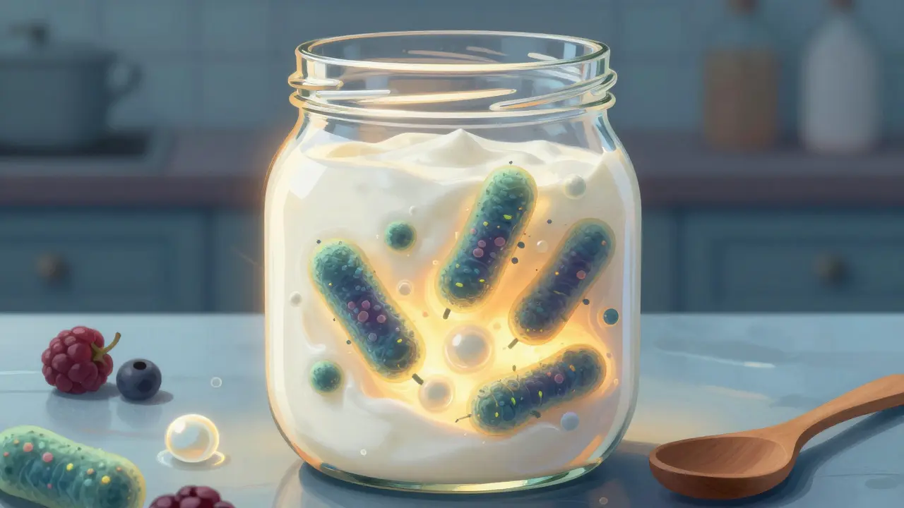 Fermentierende Bakterien in einem Glas Joghurt, die Milchzucker abbauen.
