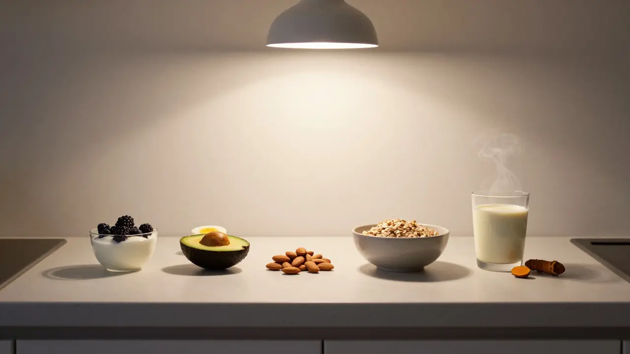 Fünf gesunde Abend-Snacks auf einer Küchenarbeitsplatte: Joghurt, Avocado mit Ei, Nüsse, Haferflocken und Kurkuma-Milch.