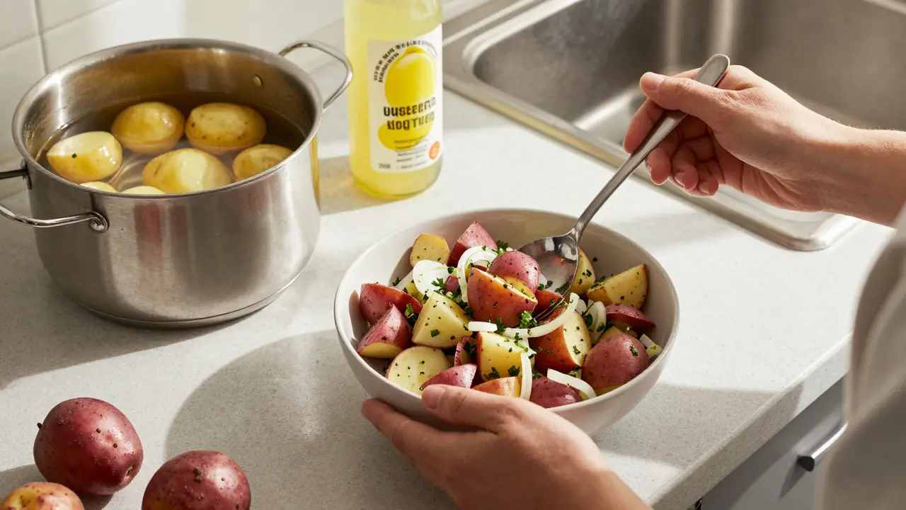 Gekühlter Kartoffelsalat mit roten Kartoffeln und Kräutern, neben einem Topf mit abgekühlten Kartoffeln.