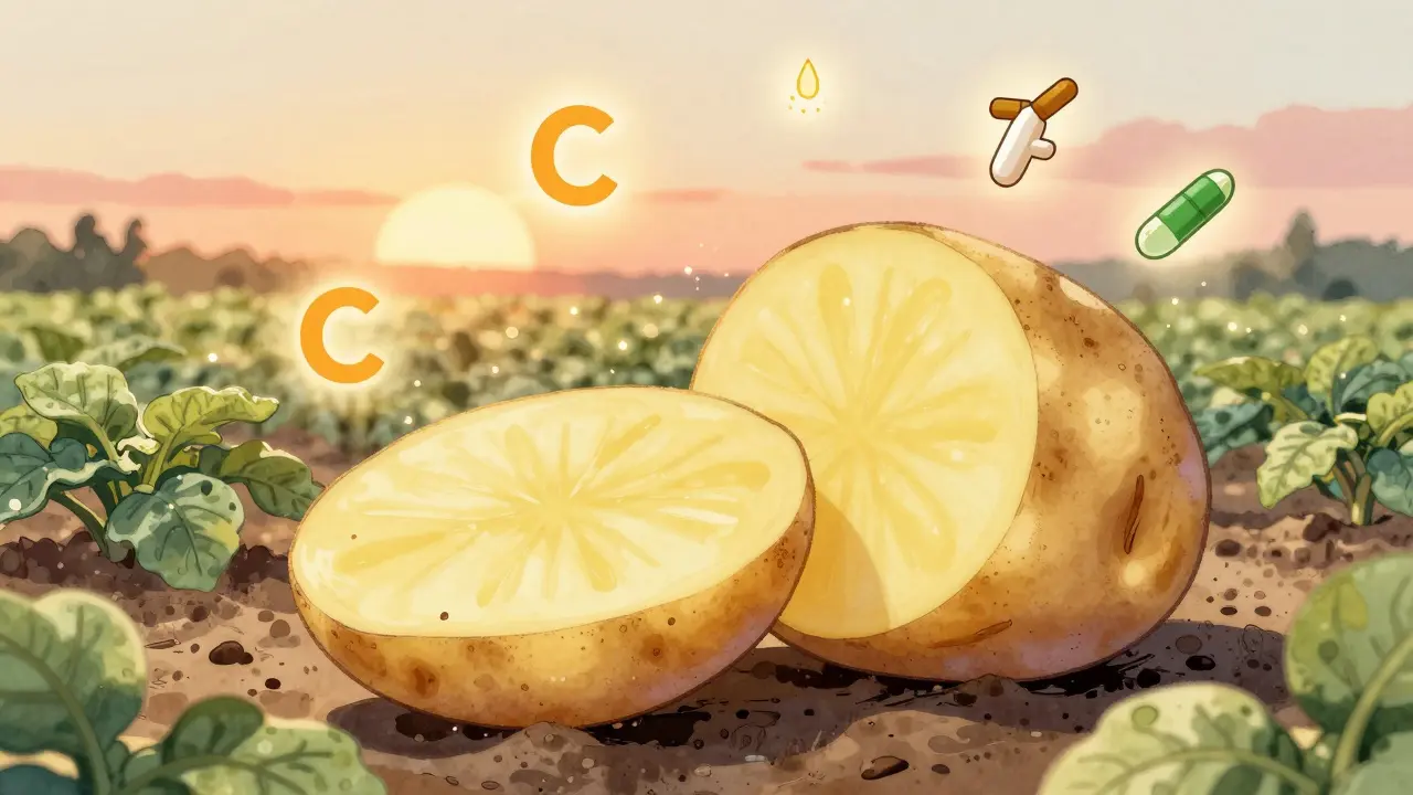 Geschnittene Kartoffel mit schwebenden Nährstoff-Symbolen wie Vitamin C und Kalium, im Hintergrund Kartoffelacker.