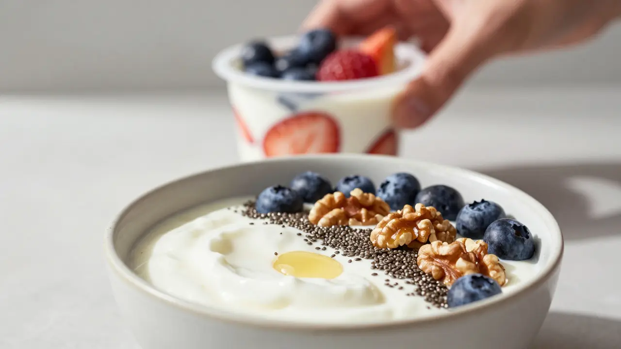 Gesunde Joghurt-Schale mit Beeren, Chiasamen und Walnüssen am Frühstückstisch.