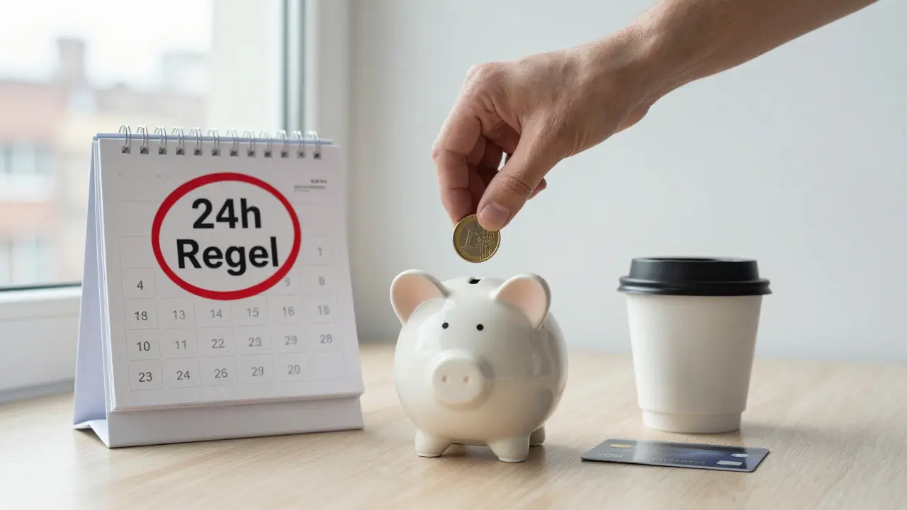 Hand legt Euro-Münze in Spardose, neben Kaffeebecher und Kreditkarte, Kalender mit 24-Stunden-Regel markiert.