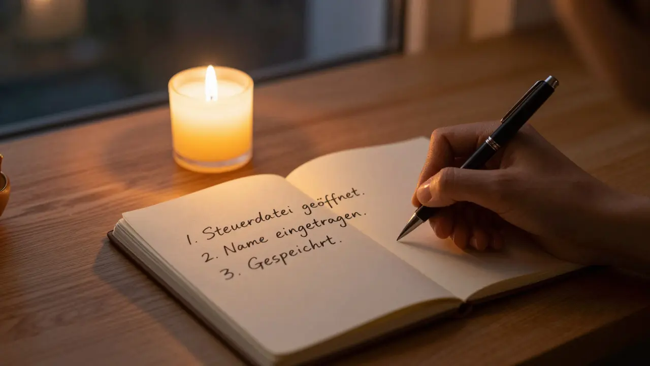 Hand schreibt abends drei einfache Erfolgszeilen in ein kleines Notizbuch, nur Kerzenlicht erhellt die Szene.