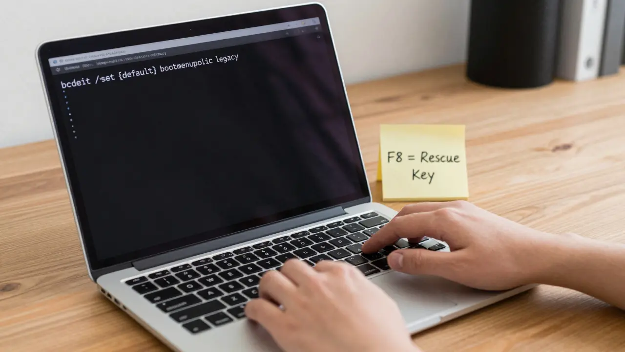 Hand tippt Befehl in Eingabeaufforderung, um F8-Taste für Wiederherstellung wieder zu aktivieren.