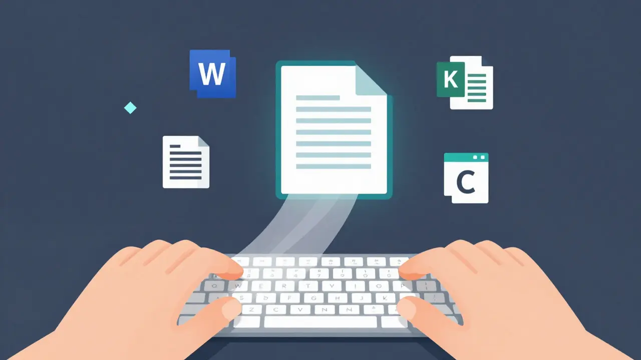 Hände drücken ⌘ + A und ⌘ + C, Text fließt in eine Zwischenablage, umgeben von App-Icons.