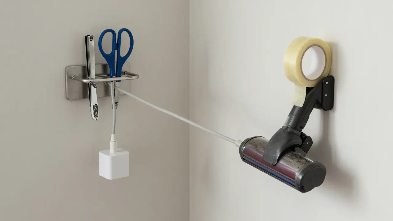 In einer chinesischen Wohnung dient ein abgezogener Ladekabeldraht als Kabelbinder, ein Zahnbürstenhalter hält Werkzeuge an der Wand.