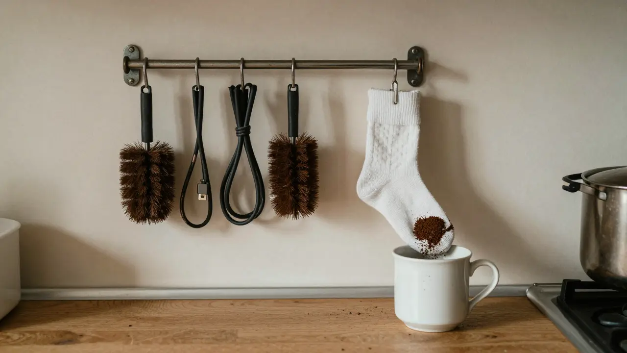 In einer deutschen Küche hängt ein alter Waschbürstenhalter als Kabelhalter, daneben ein Baumwollsocke als Kaffeefilter.