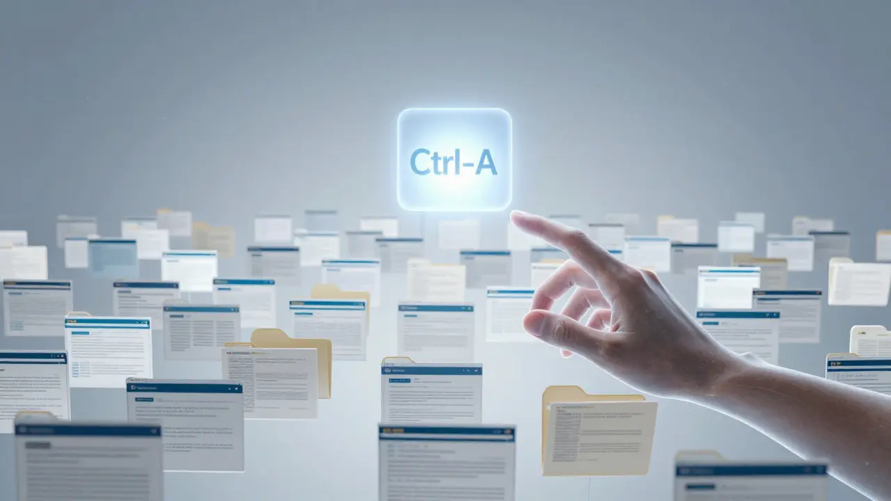 Konzeptuelles Bild: Ein Lichtstrahl von Ctrl+A wählt alle digitalen Elemente in einer abstrakten Welt aus.