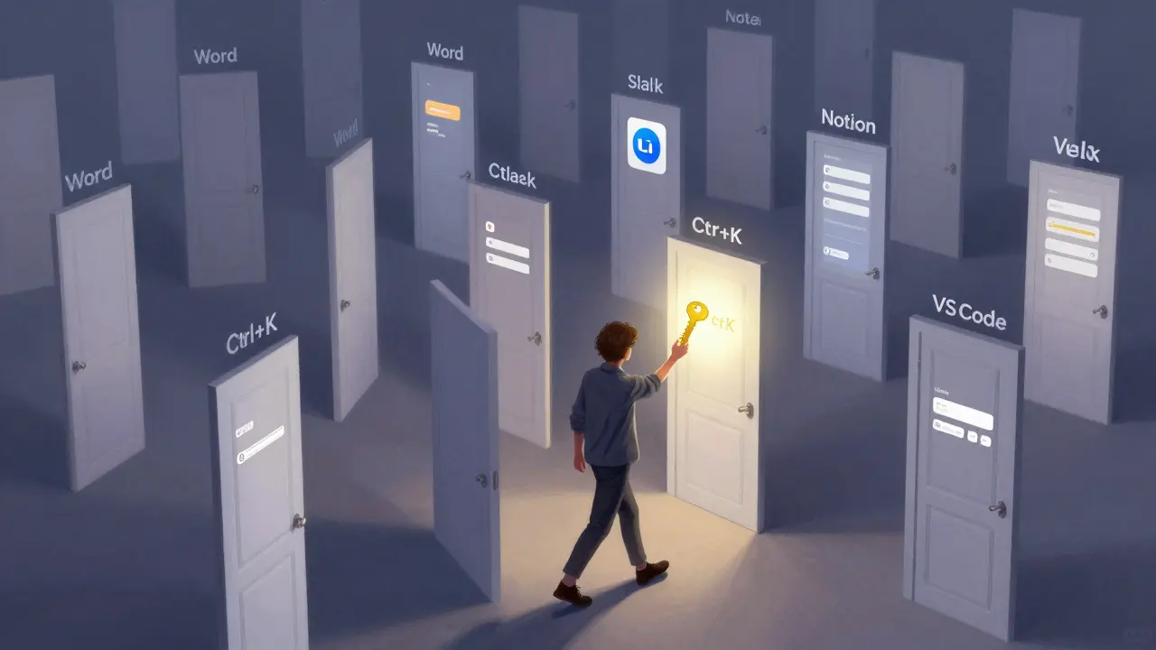 Mensch geht durch ein Labyrinth aus App-Türen, jede öffnet eine andere Funktion von Ctrl+K.