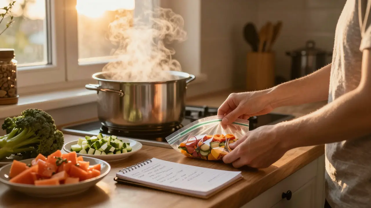 Person füllt frisch gekochte Portionen in luftdichte Tüten in einer gemütlichen Küche.