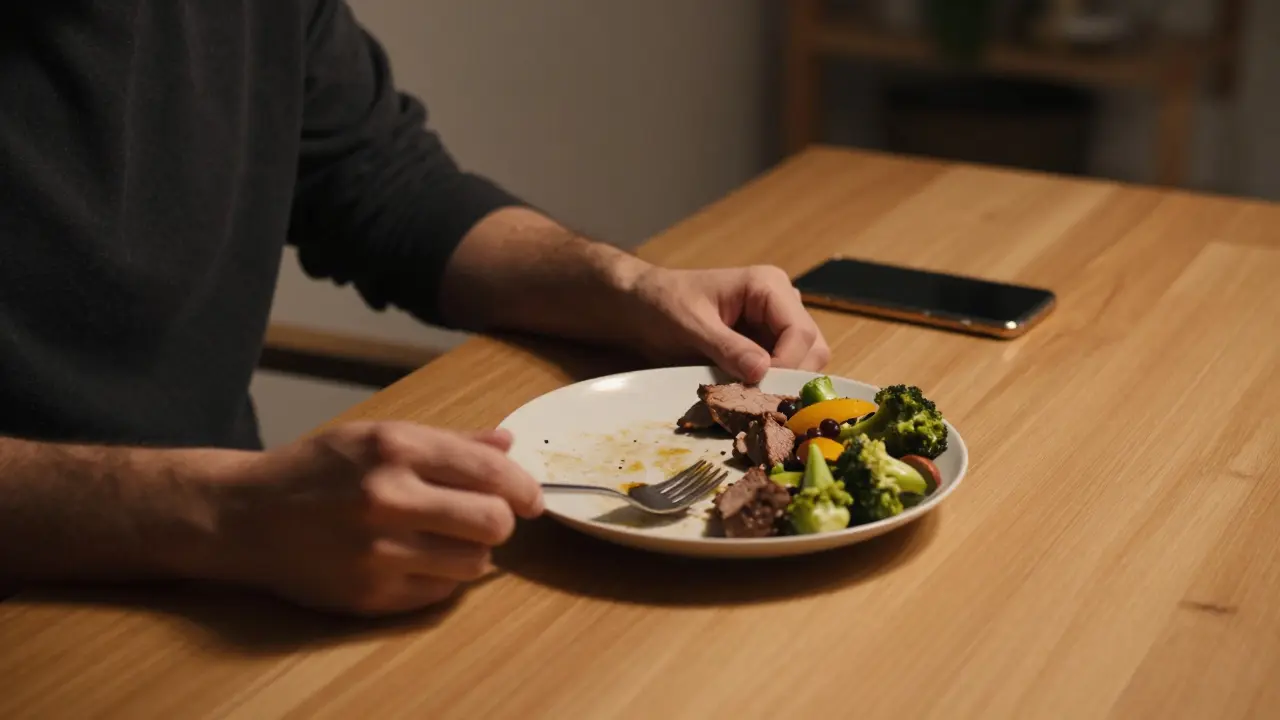 Person isst abends ruhig, Handy liegt weit entfernt, nur ein halb geleerter Teller mit gesunder Nahrung auf dem Tisch.