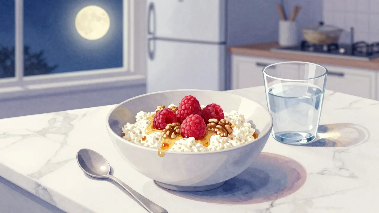 Quark mit Himbeeren und Walnüssen in einer Schüssel, sanft beleuchtet.