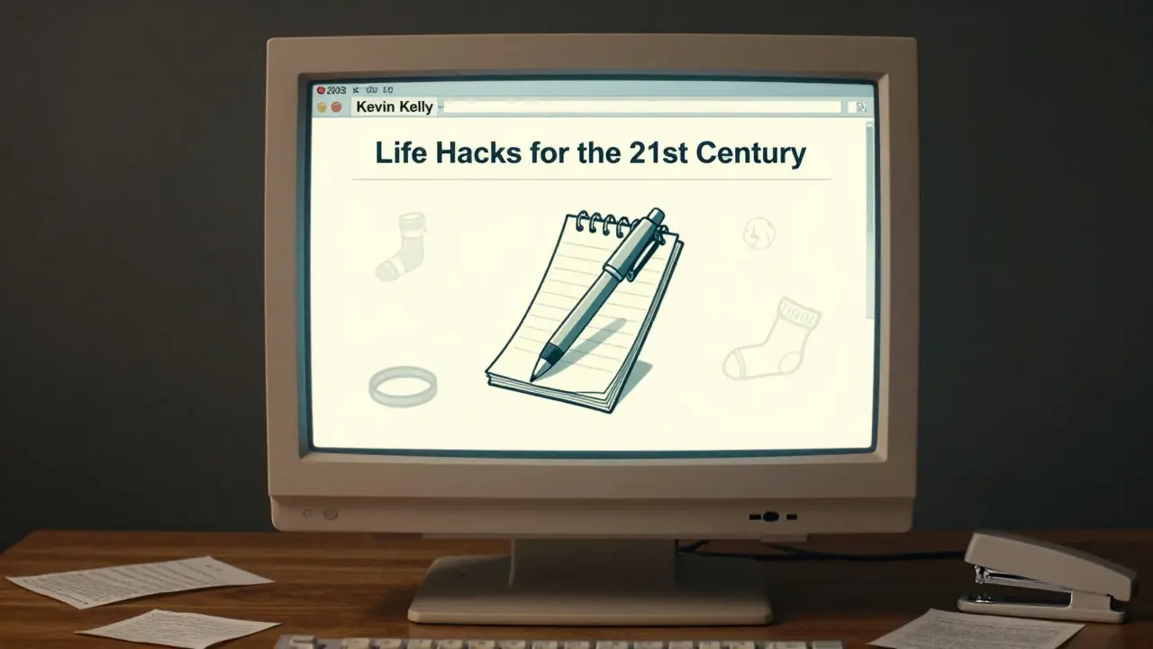 Retro-Computerbildschirm mit Kevin Kellys Blogbeitrag über Alltags-Hacks aus dem Jahr 2003.