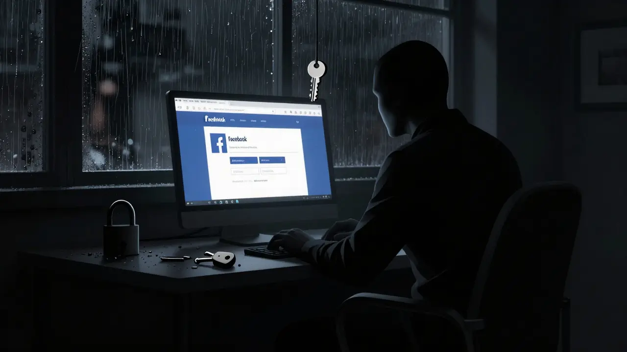 Schattenhafte Figur vor einem Computerbildschirm mit Facebook-Login, ein Schlüssel schwebt darüber.