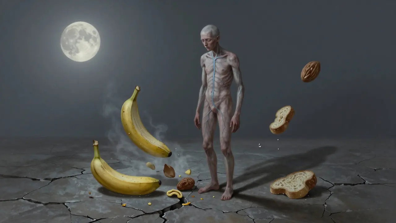 Schwache Person auf gebrochenem Boden, essbare Fragmente lösen sich auf, Haut blass, Mondlicht wirft lange Schatten.