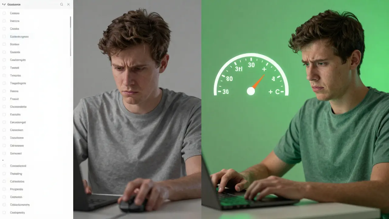 Split-Screen: Links Mausklick, rechts Tastenkombination – Geschwindigkeit steigt von langsam zu schnell.