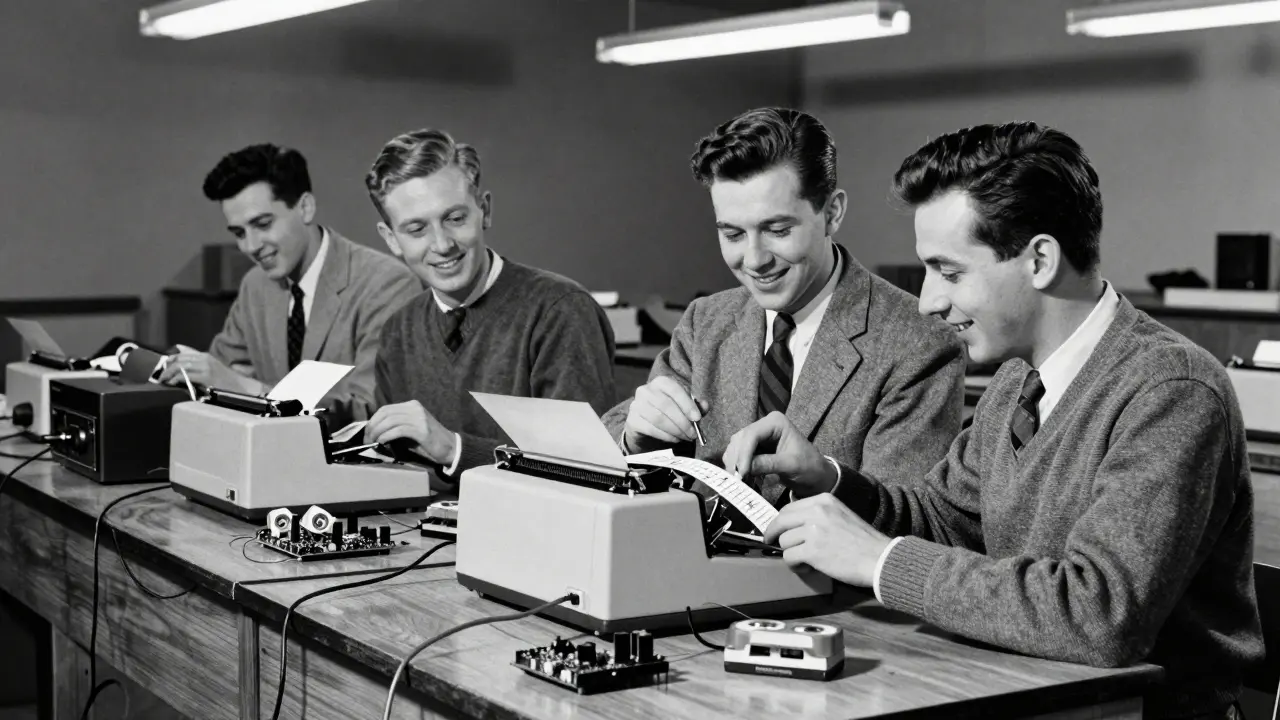 Studenten der 1960er Jahre modifizieren einen Drucker, um Musik abzuspielen, in einem Labor mit Kabeln und Karten.