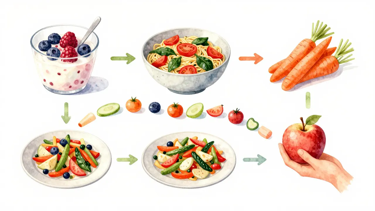 Tägliche Mahlzeiten mit Obst und Gemüse: Frühstück, Mittag, Snack, Abendessen und ein Apfel als Nachtisch.