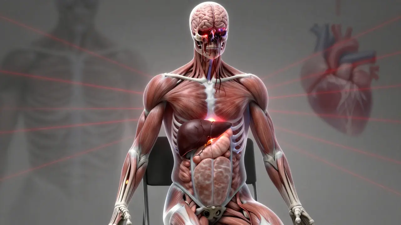 Transparenz der Haut zeigt schrumpfende Muskeln, die Energie an das Gehirn abgeben, medizinische Illustration mit düsterem Kontrast.